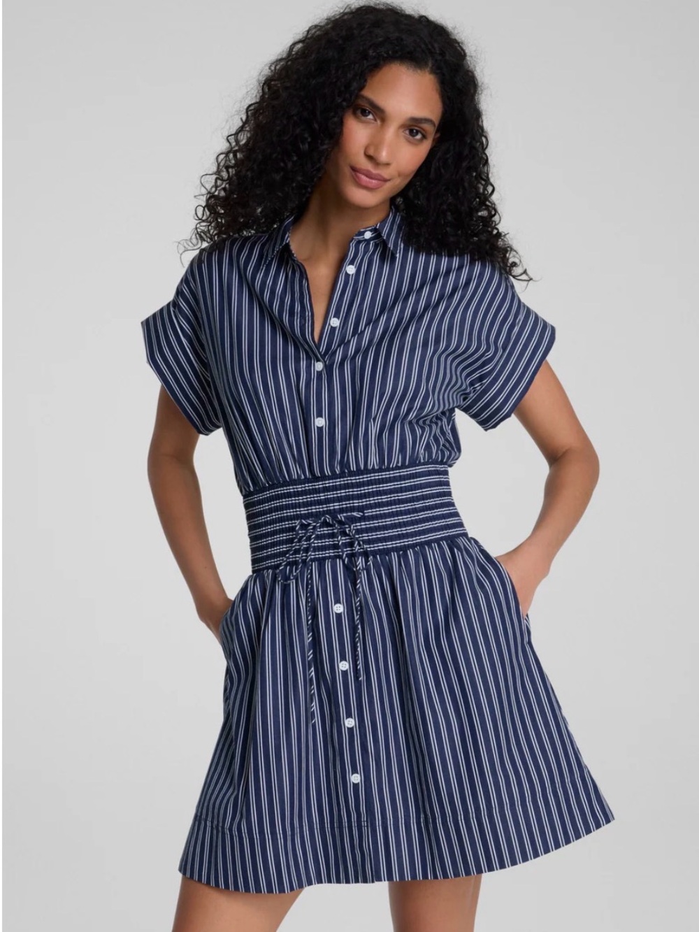 SPANX Poplin Smocked Mini Shirt Dress Navy and White 1X